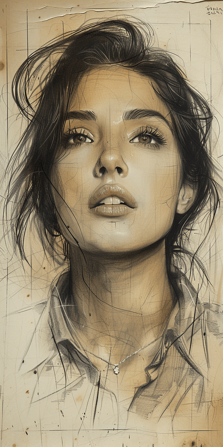 AI generated: Rough charcoal sketch on old paper, beautiful female --ar 1:2 --stylize 750