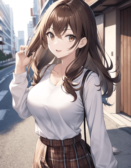 AI generated: An anime girl walking outdoors, casual outfit, road, walking, wavy brown hair, hazel eyes, perfect a...