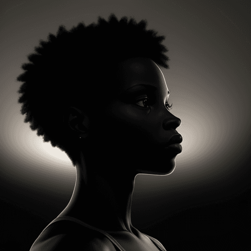 AI generated: photorealistic, dark silhouette of an African American woman, with short hair, athletic build, looki...