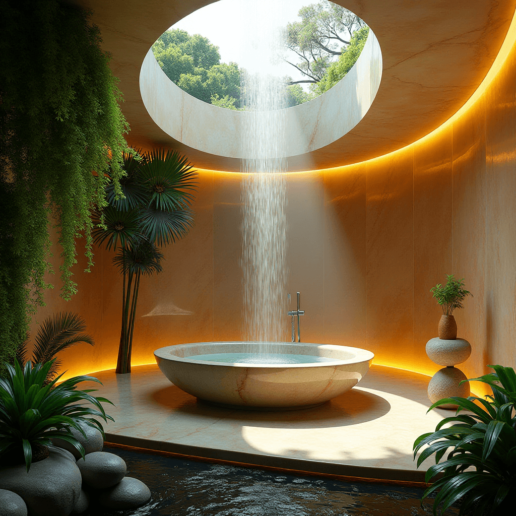 AI generated: Luxurious and futuristic bathroom design inspired by nature, featuring a freestanding, oval stone ba...