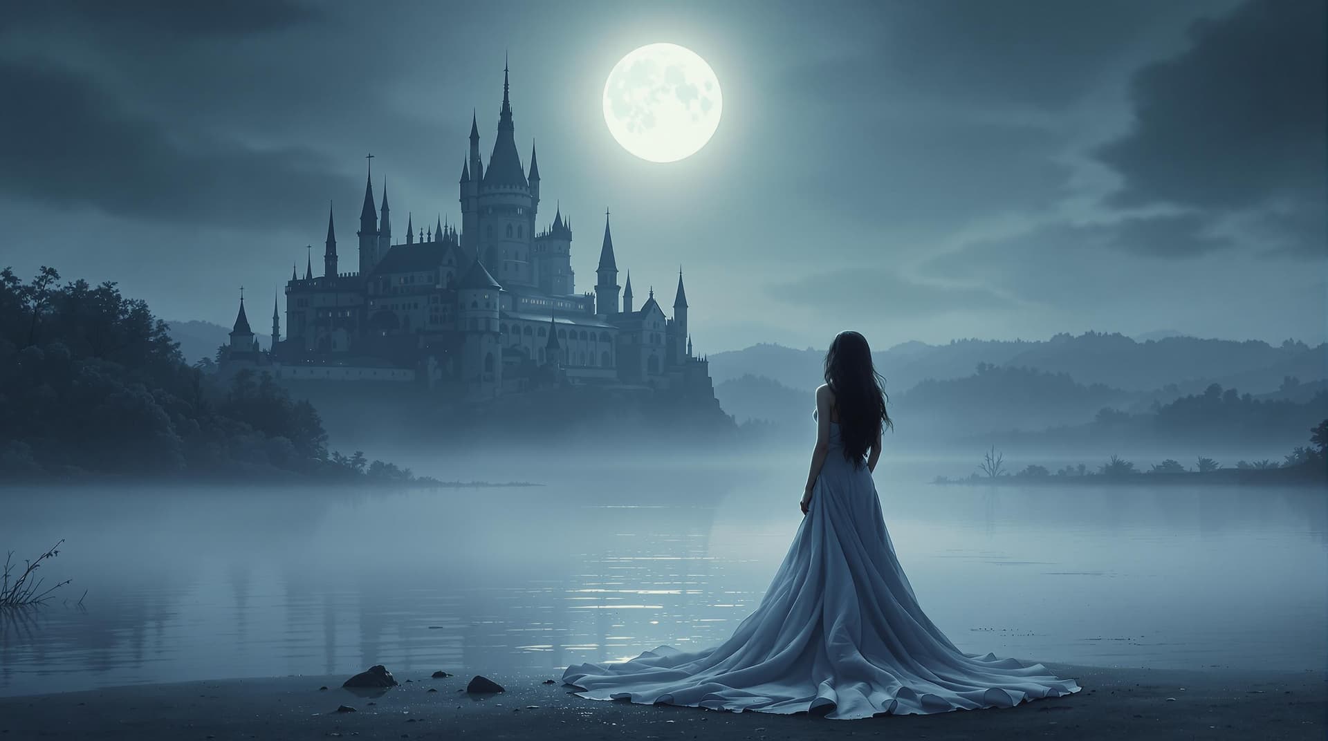AI generated: a woman in a flowing gown standing on a misty lake in front of a large castle and full moon. Long da...