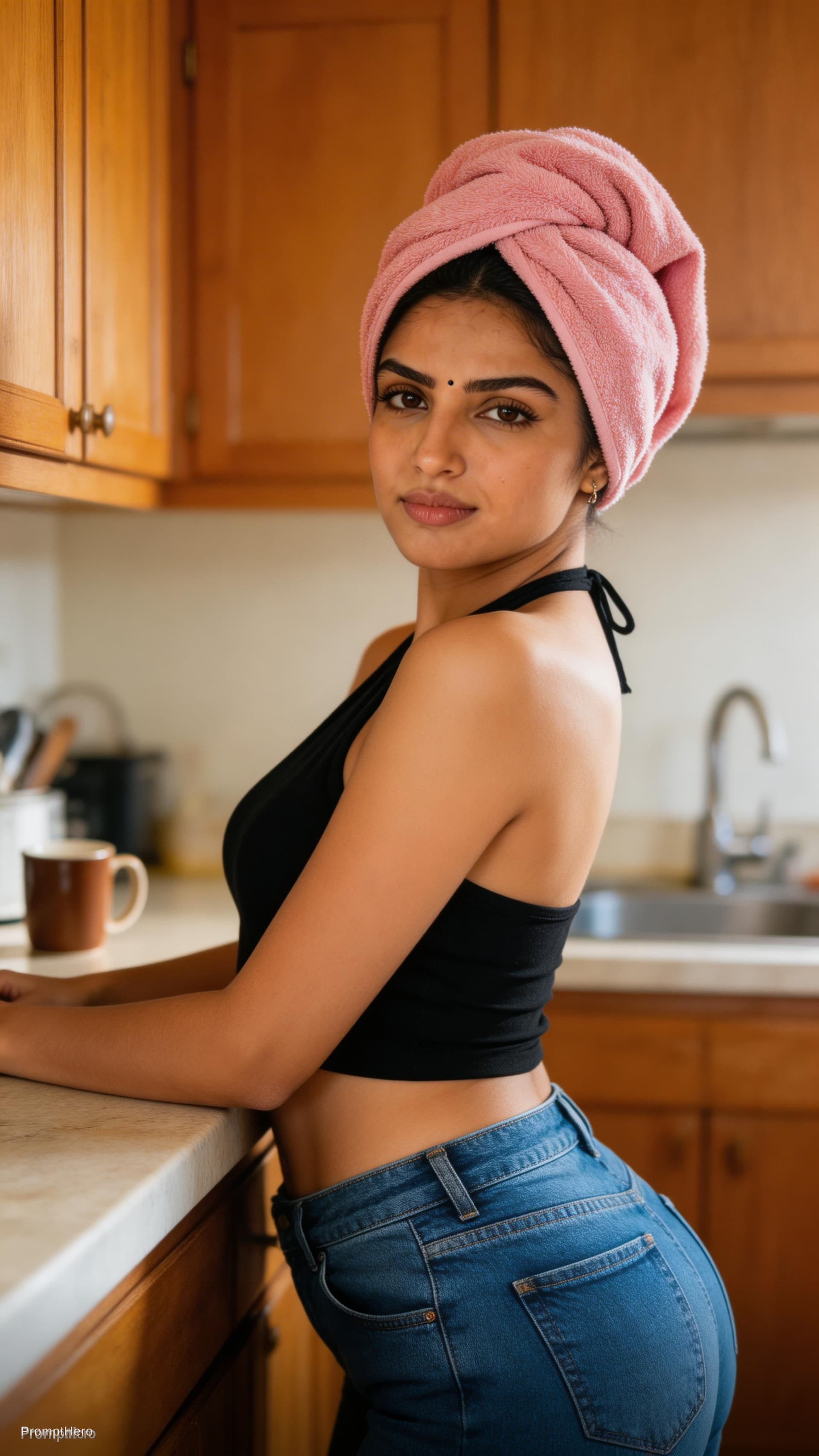 AI generated: Using the facial features of the attached image, create A woman in a pink towel turban and black hal...