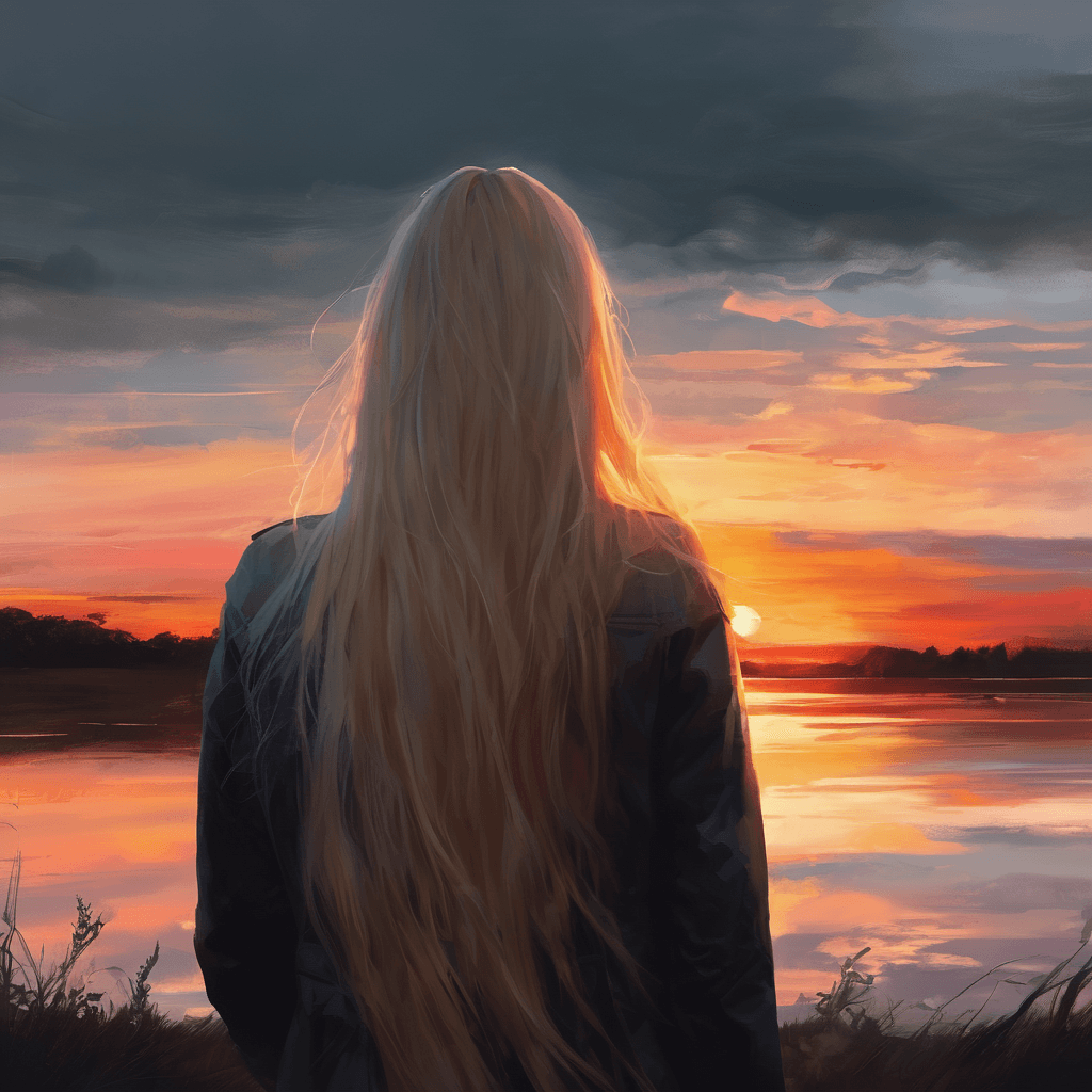 AI generated: a beautiful woman with very long blonde hair, from behind, looking at sunset, dead nature, gloomy at...