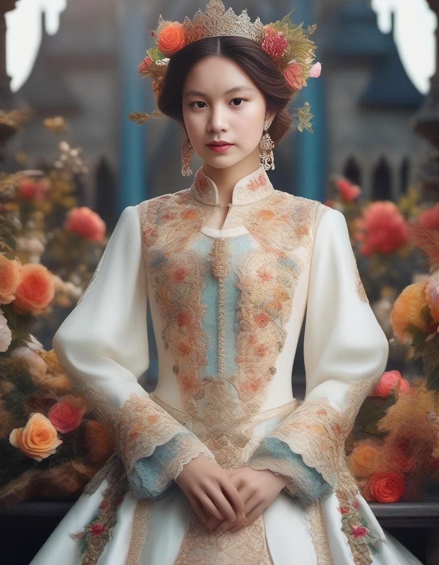 AI generated: (royal, woman, highly detailed clothes adorned with laces and floral elements, luxurious laces), rev...