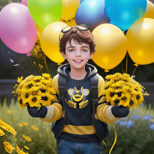 AI generated: Cute, adorable young bumblebee boy with a huge smile, holding a bunch of colorful balloons. Setting ...