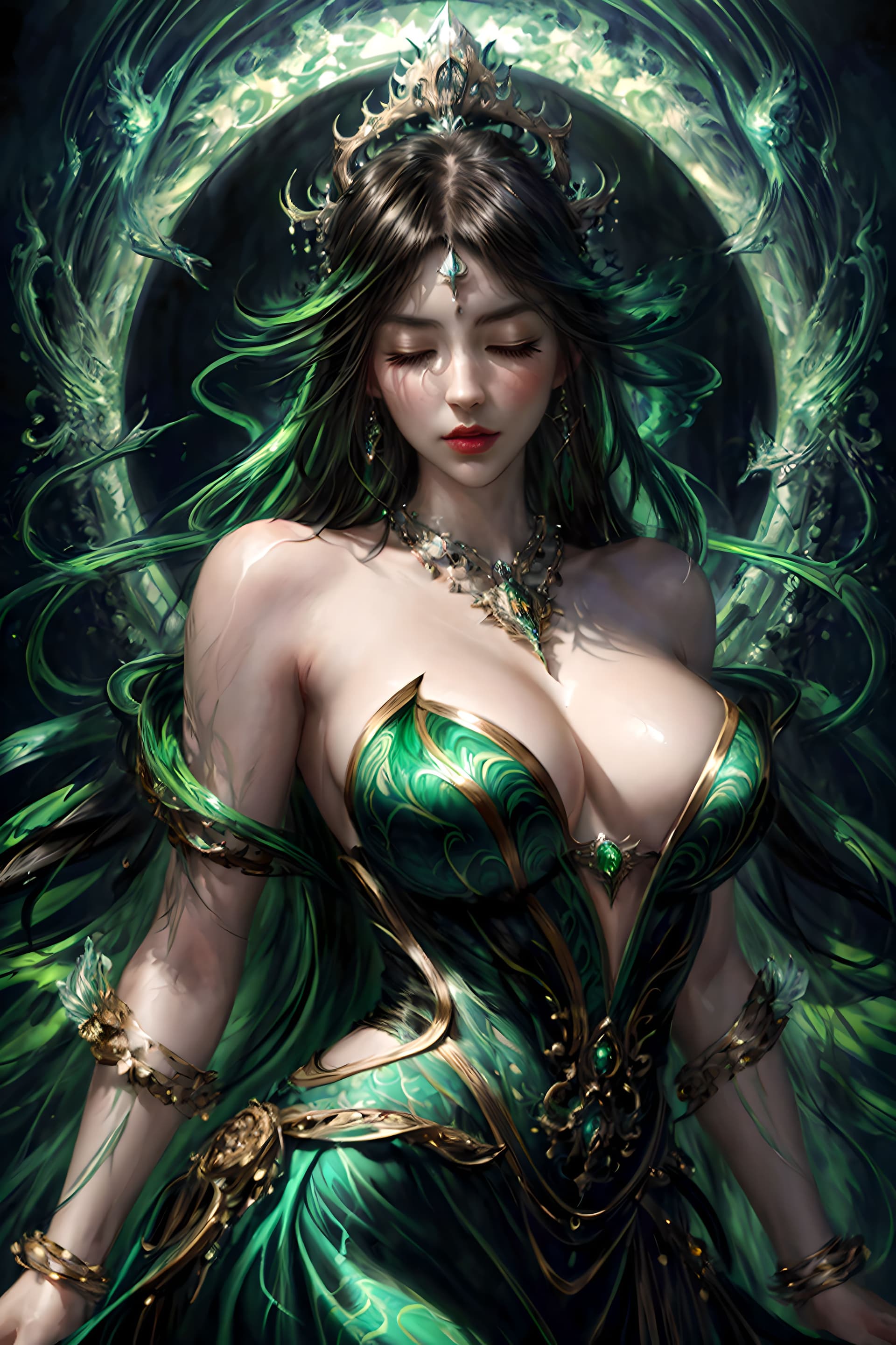 AI generated: beautiful woman, eyes closed, black and green ink flow, 8k resolution, photorealistic masterpiece by...