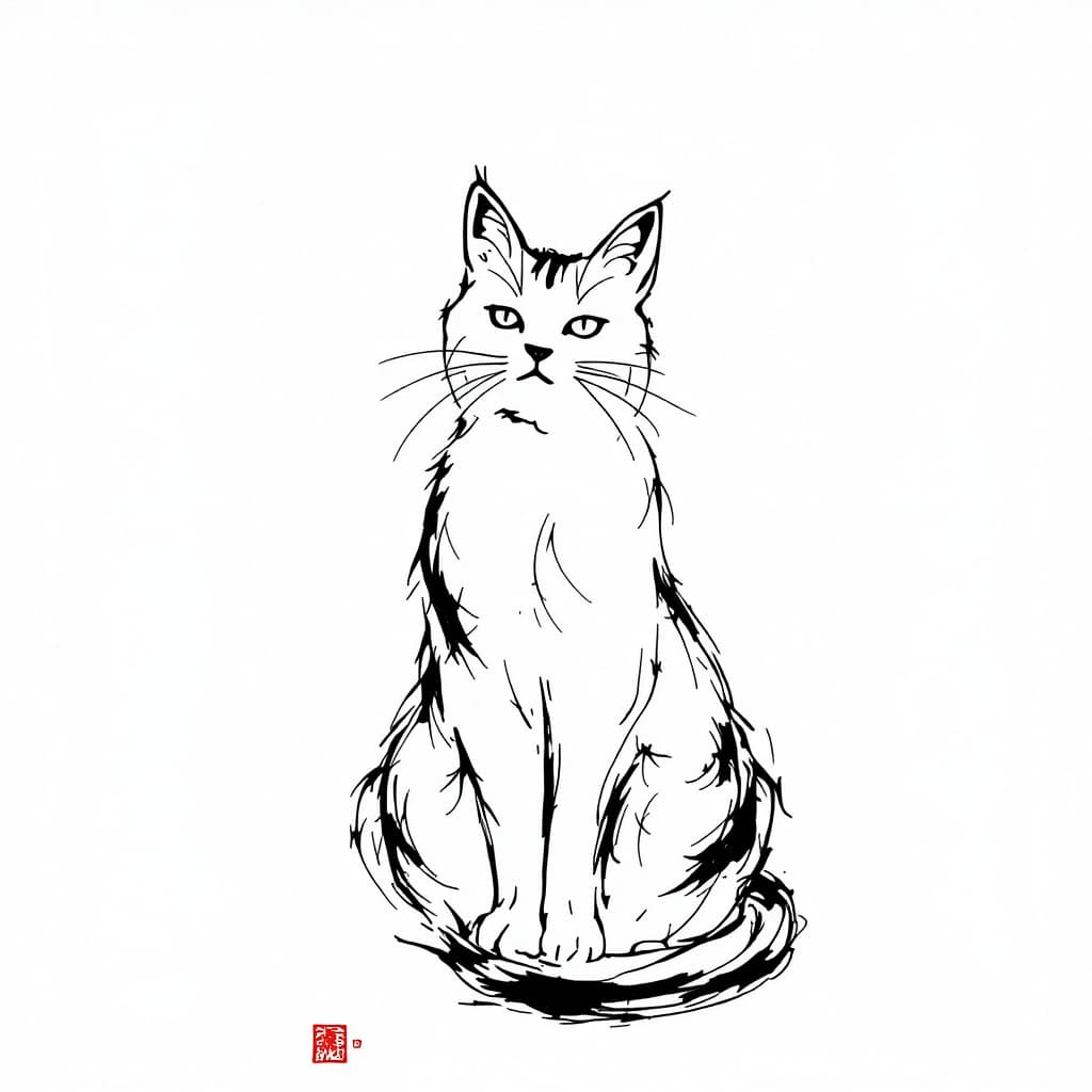 AI generated: black ink drawing of a cat in a minimalistic fashion mimicking japanese calligraphy