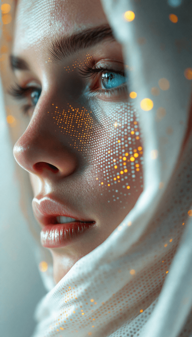 AI generated: close up macro shot, perforated holes in face, white cloth made from fiberoptic cables, depth of fie...
