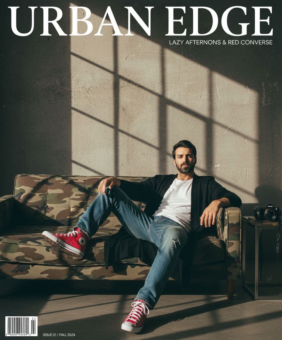 AI generated: photography, magazine cover, tilt shot, male model lounging on a worn camouflage sofa, casually dres...