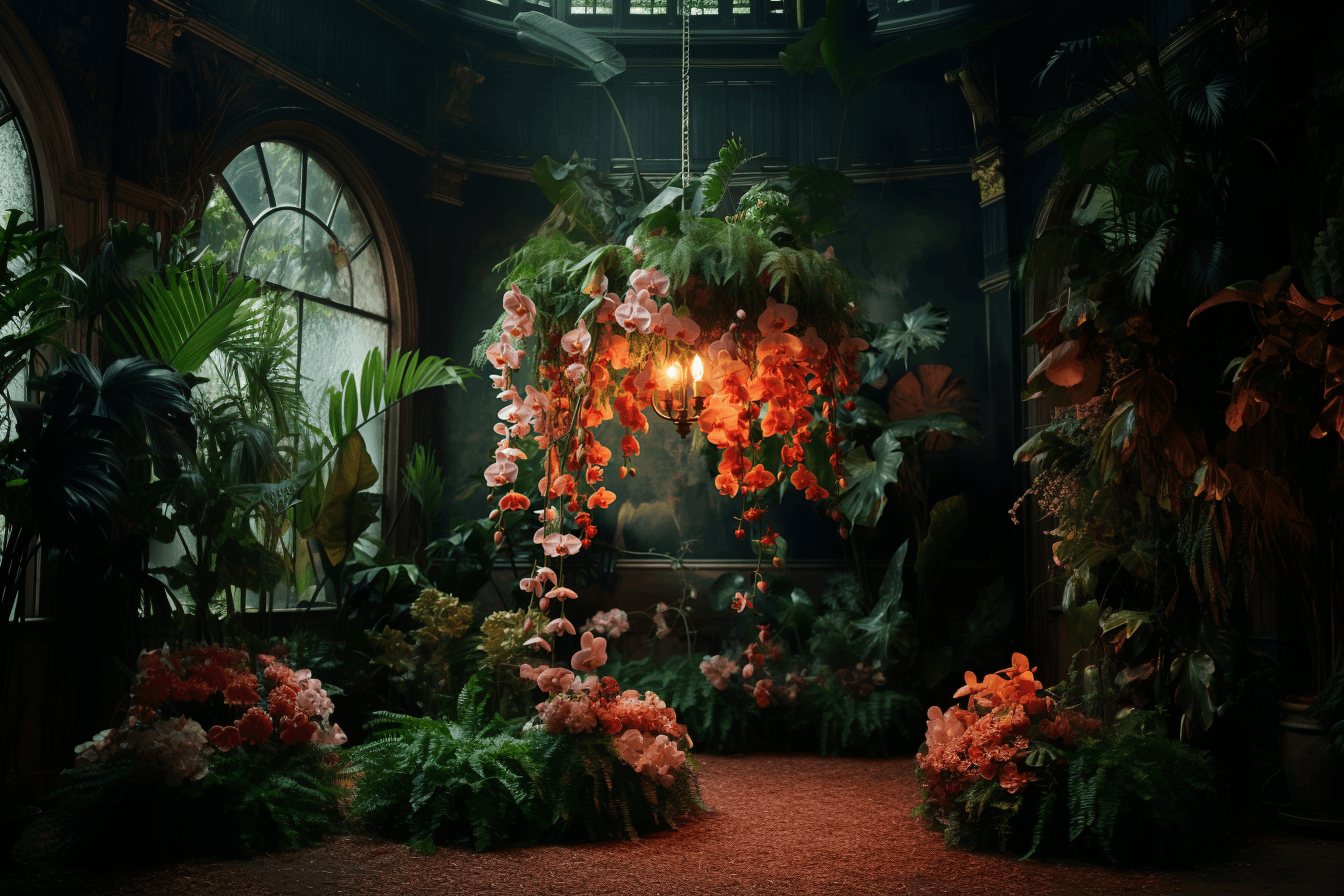 AI generated: sharp details, realistic film photography, rollei prego 90, opening ombre florals, large chandelier,...