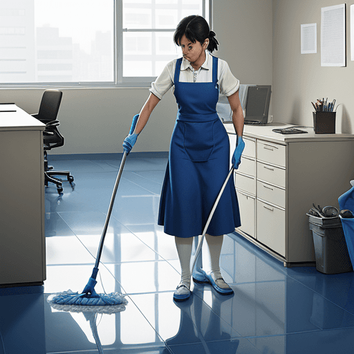 AI generated: Create Photo of a cleaning woman, in an office environment, cleaning the floor with a blue mop. ghib...