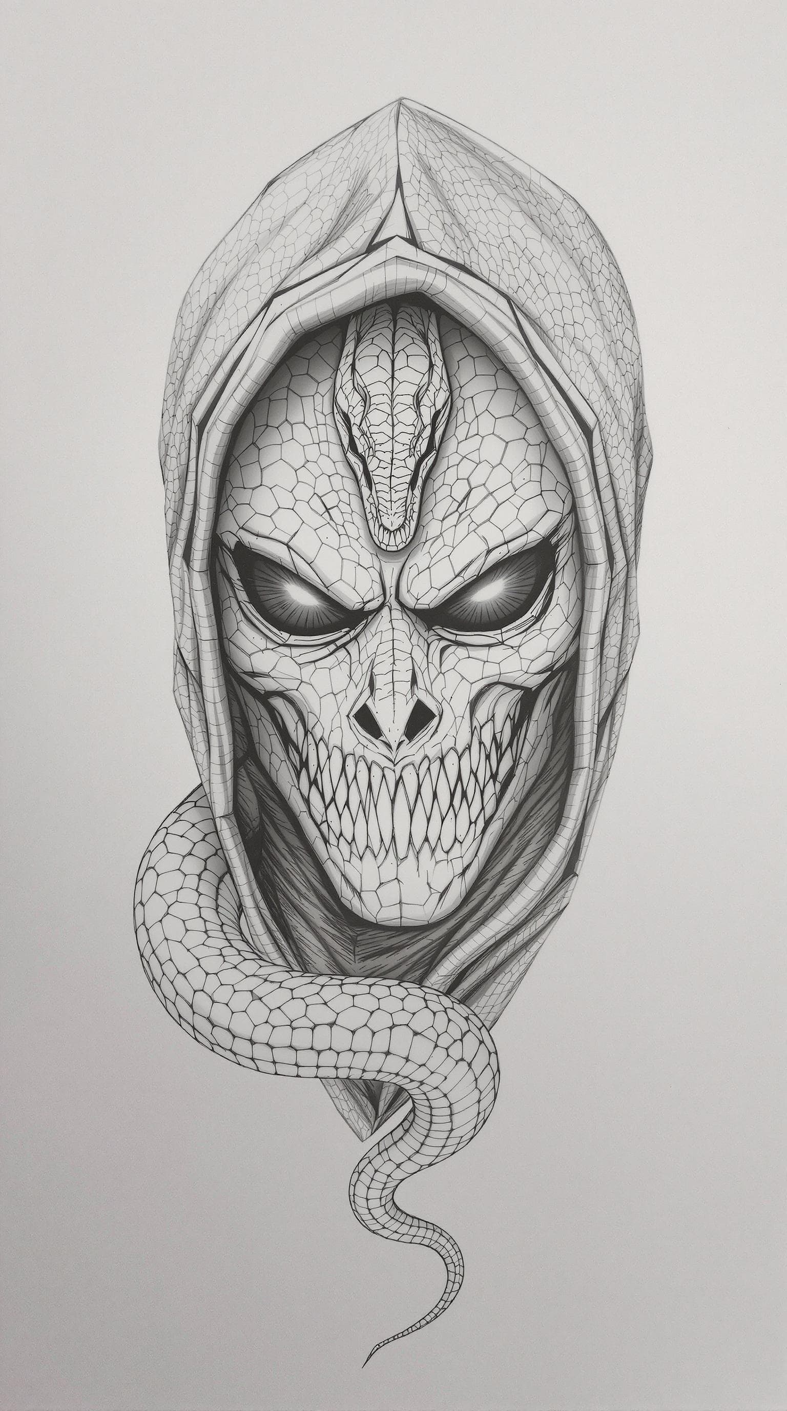 AI generated: A snake covered in a mask, explicit, dark style, black and white pencil drawings,