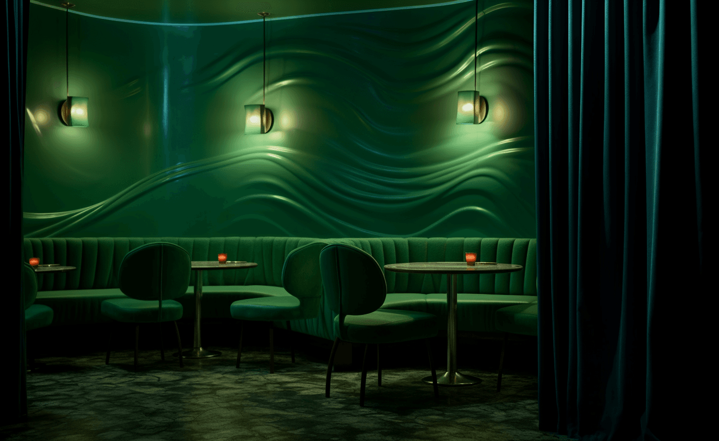 AI generated: a green room in the restaurant, in the style of mid-century, luminosity of water, provia --v 5.2 --a...