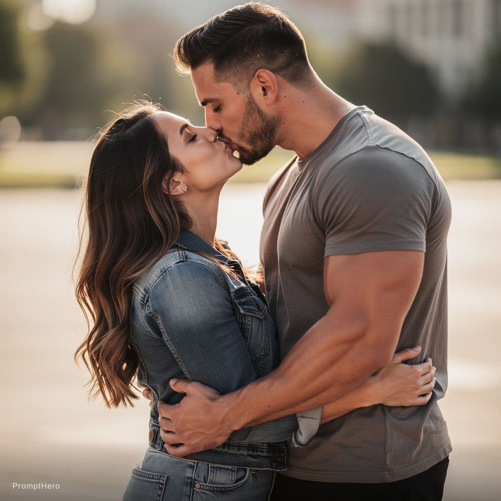 AI generated: remove the fence and ad a strong guy kissing her