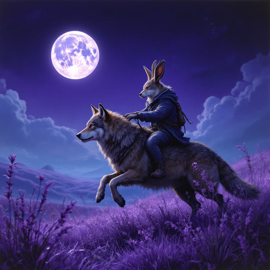 AI generated: a large light moon in the corner, purple grass around, and in the foreground a wolf riding a hare
