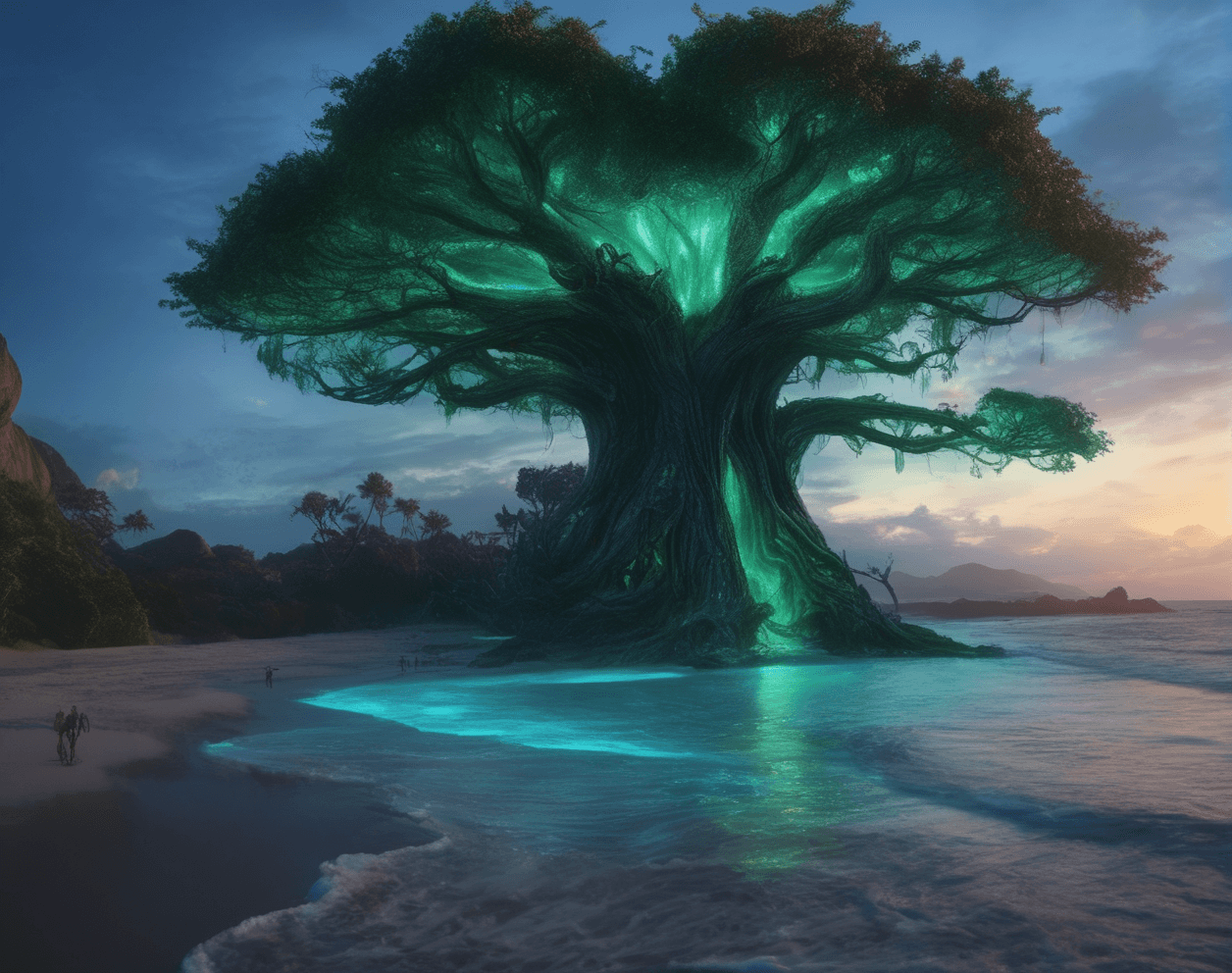 AI generated: Fantasy landscape, dynamic lights, glowing emerald, nebulas, sunset,8k photorealistic eternal ambien...