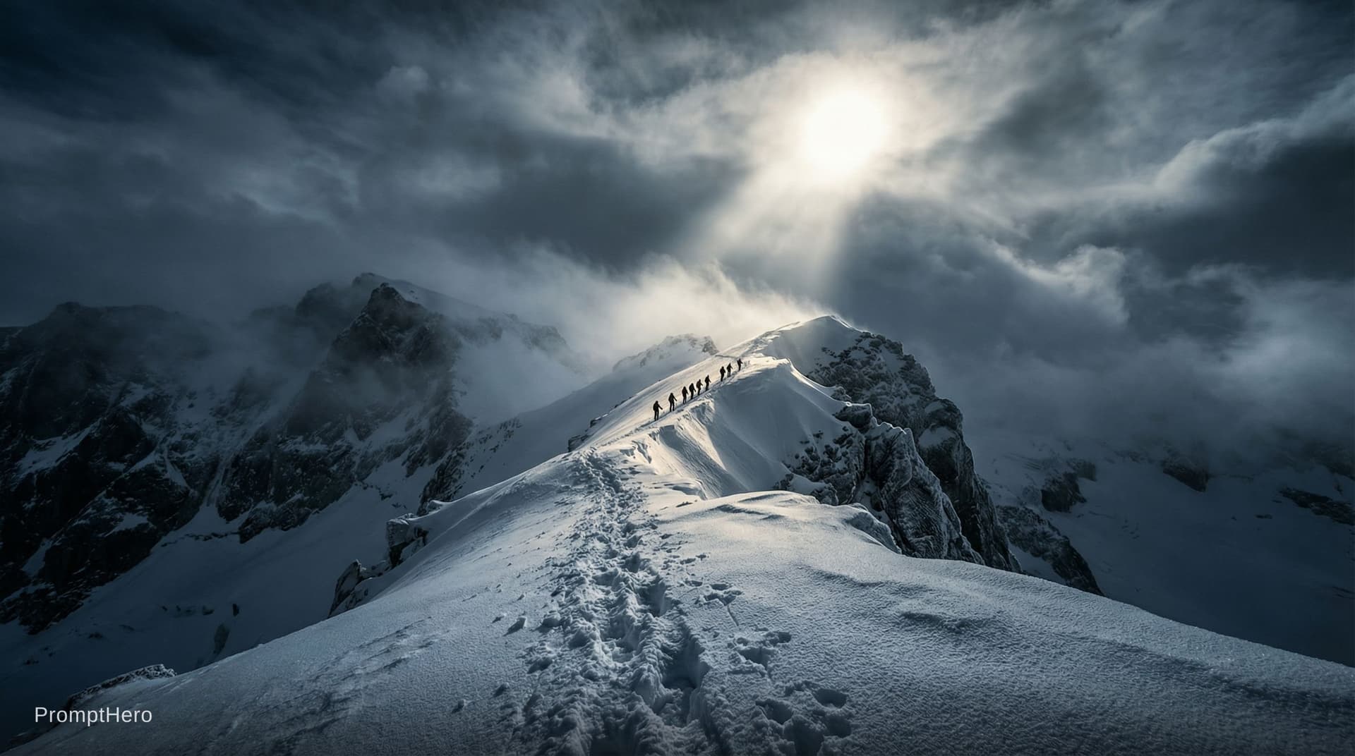 AI generated: AnoEar4 art style. Breathtaking cinematic wide-shot: a lone trail of climbers ascends a razor-thin, ...