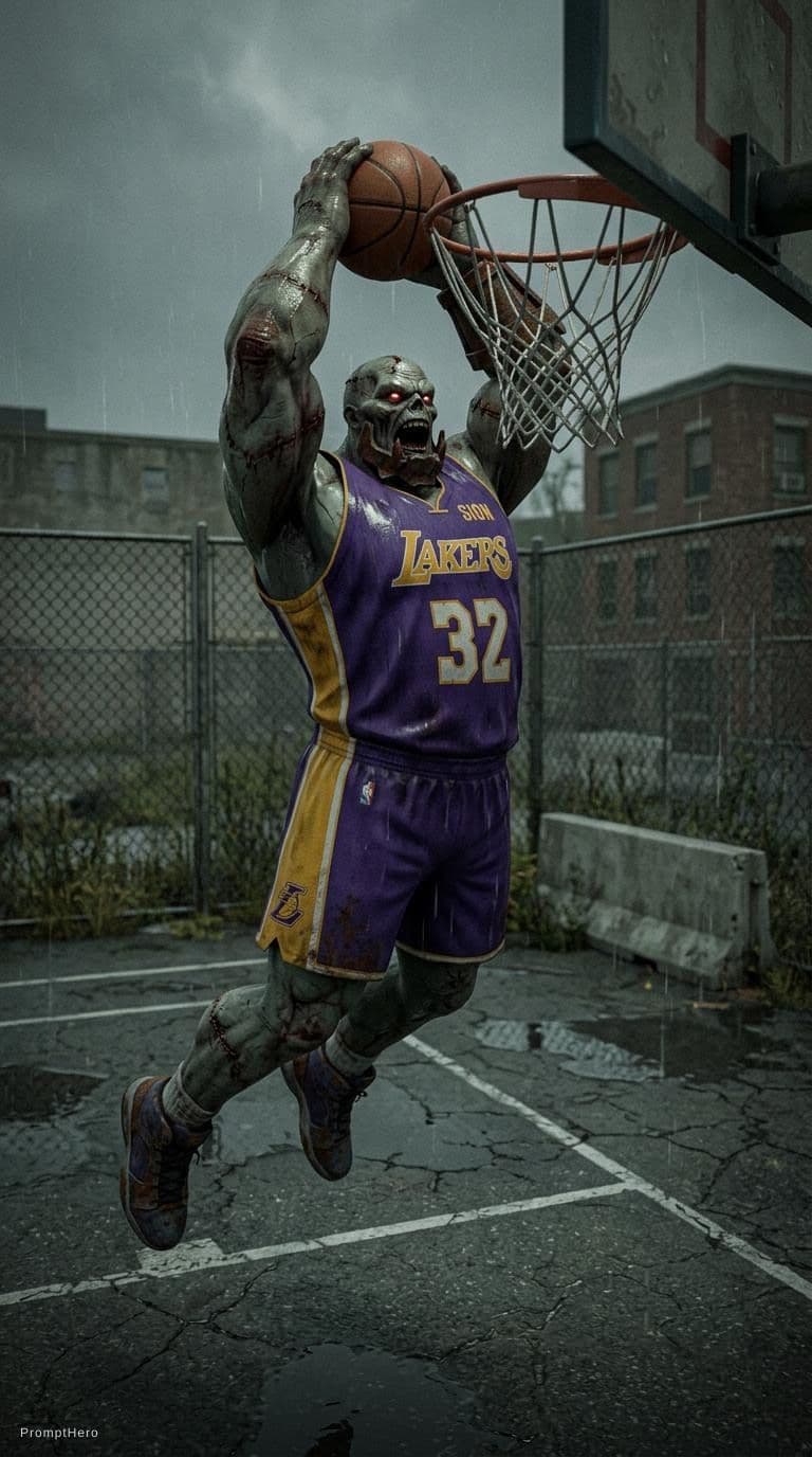AI generated: League of Legend's Sion playing basketball, he is jumping to dunk on the hoop and he is dressed in t...