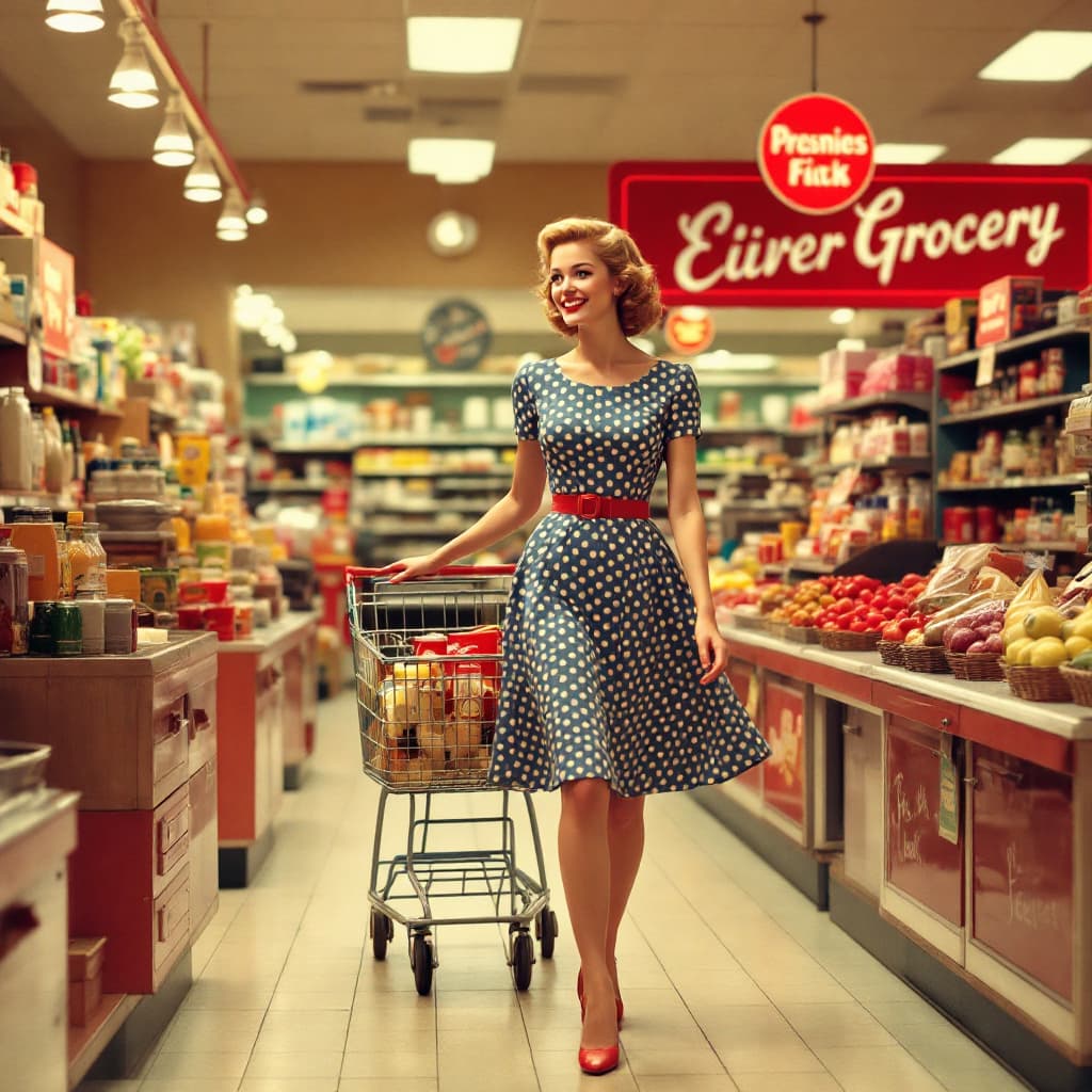 AI generated: A nostalgic scene set in a 1950s grocery store, featuring a woman elegantly walking down the colorfu...