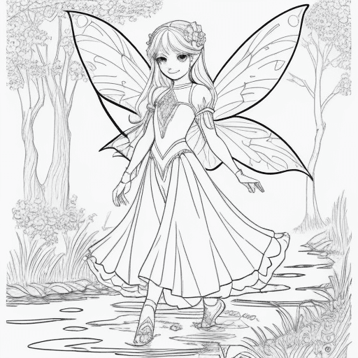 AI generated: Fairy coloring page, fairy, with pretty eyes, sweet smile, walking next to a river, black lines whit...