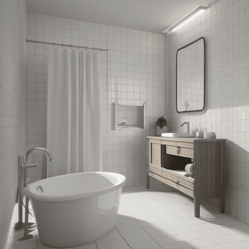 AI generated: 8k,16k,photorealistic render,3ds max 2023,corona 9,vray,nordic style bathroom,white themed,