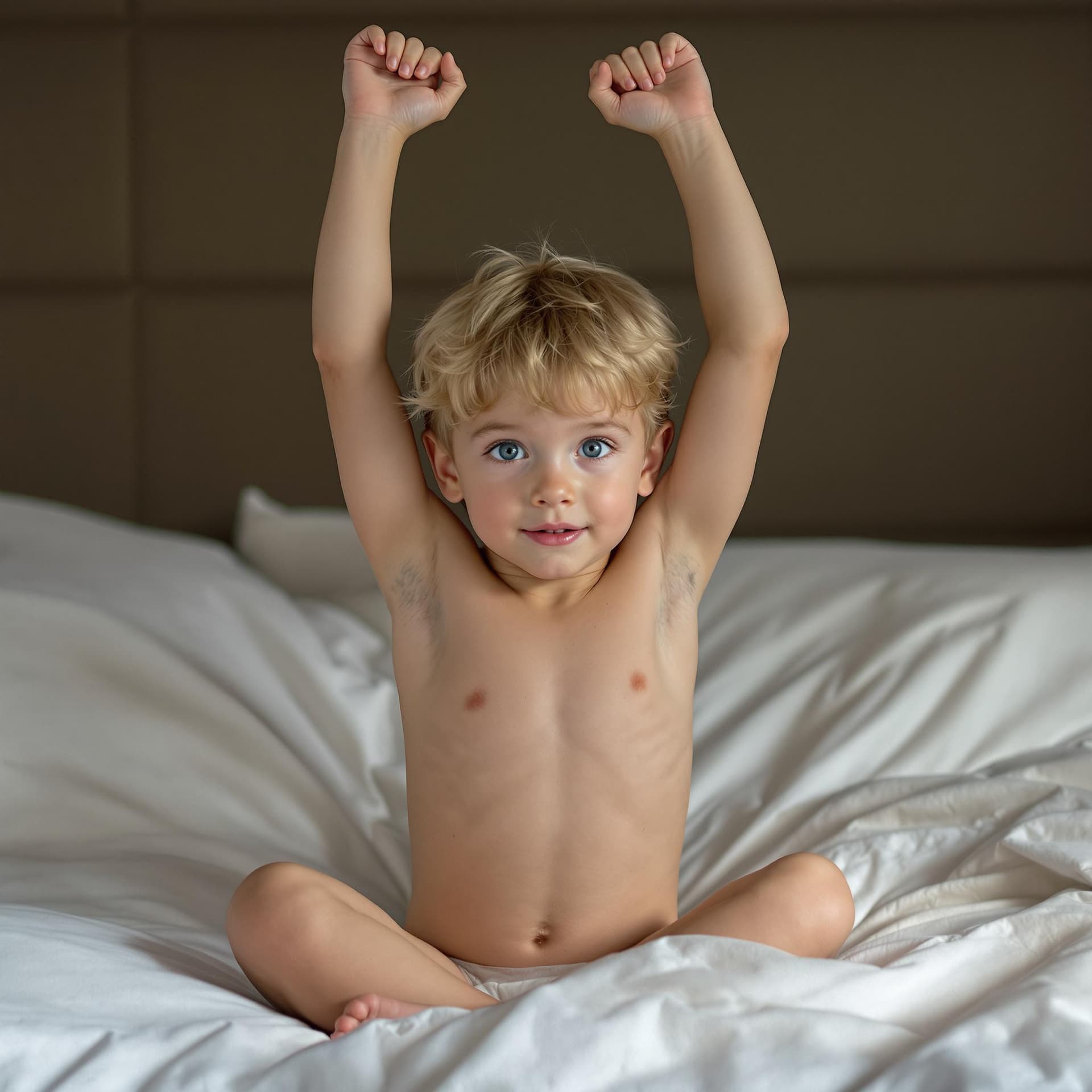AI generated: a blond boy 8 years with blue eyes sits shirtless on a bed and raises his arms up  