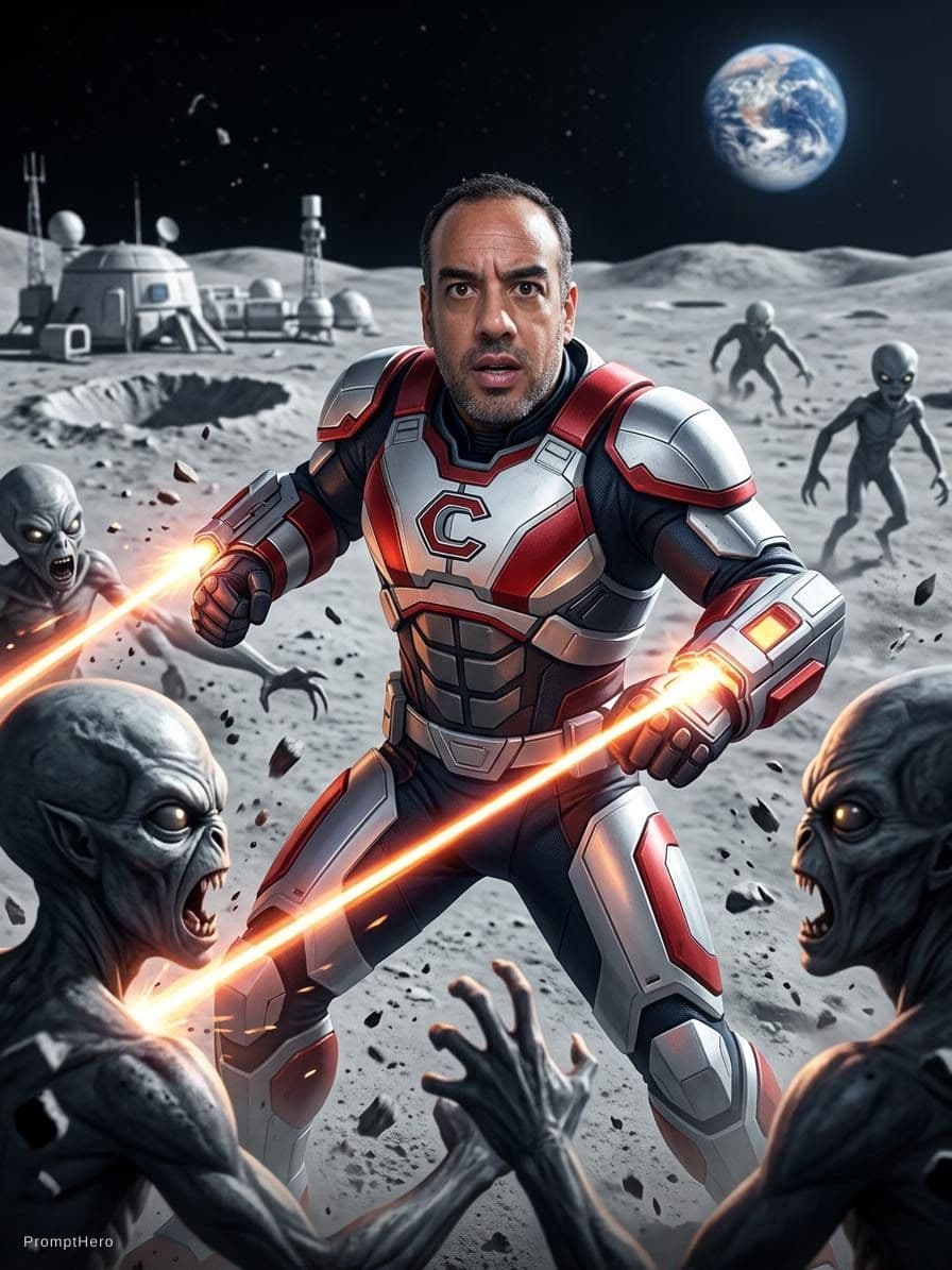 AI generated: cria um super heroi que esteja explorando a lua e lutando contra alienigenas