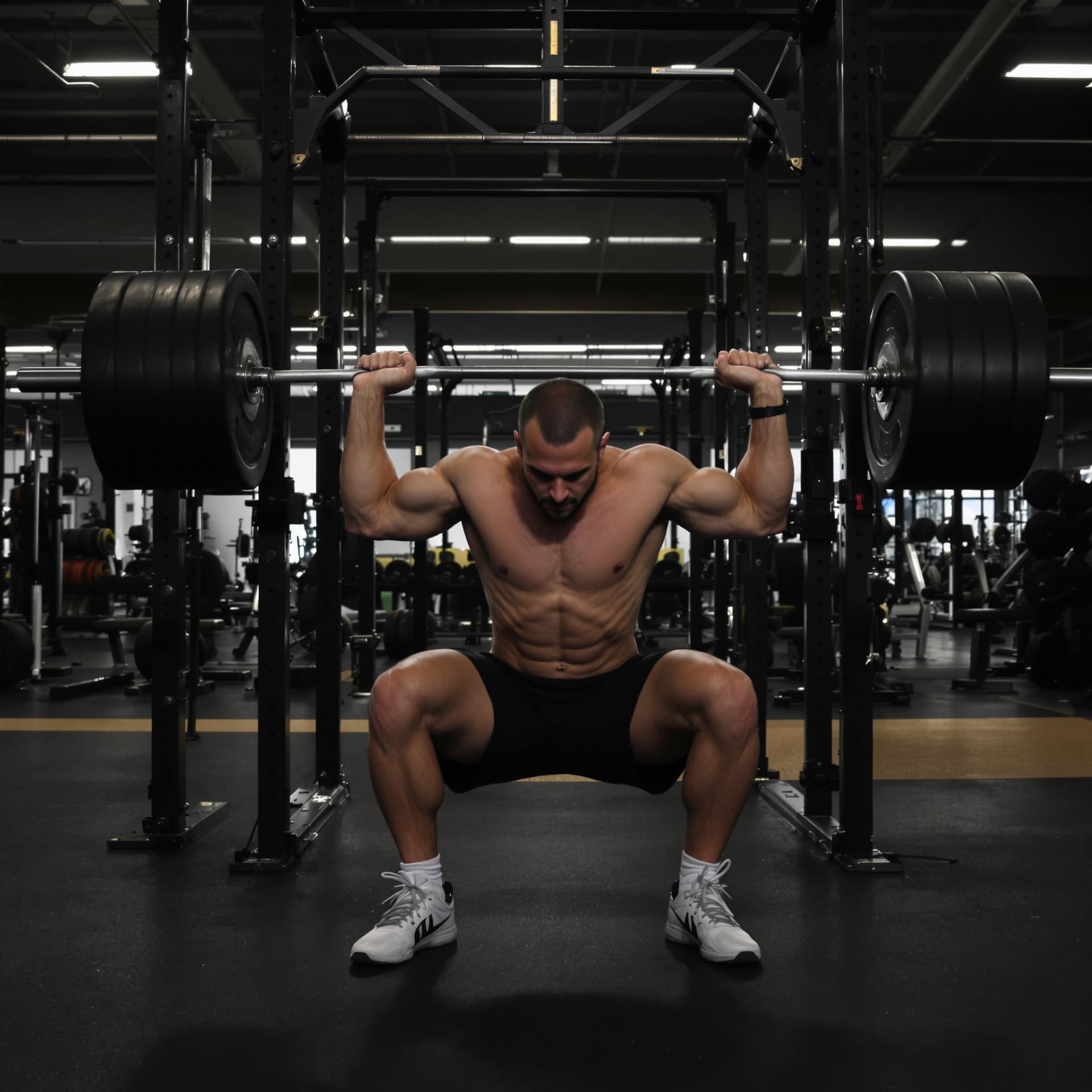 AI generated: empty gym, front profile, man in gym clothes doing squats with weights