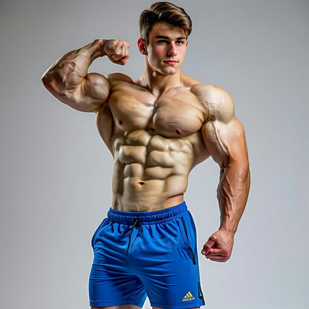 AI generated: Male 20-year-old bodybuilder  wearing shorts, Flexing his right biceps 