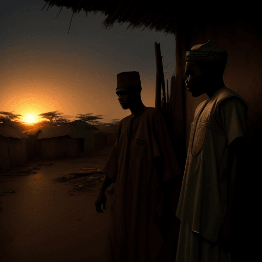 AI generated: nigeria, colonialization, 2 persons, poor, dramatic light, pale sunrise, cinematic lighting, battere...