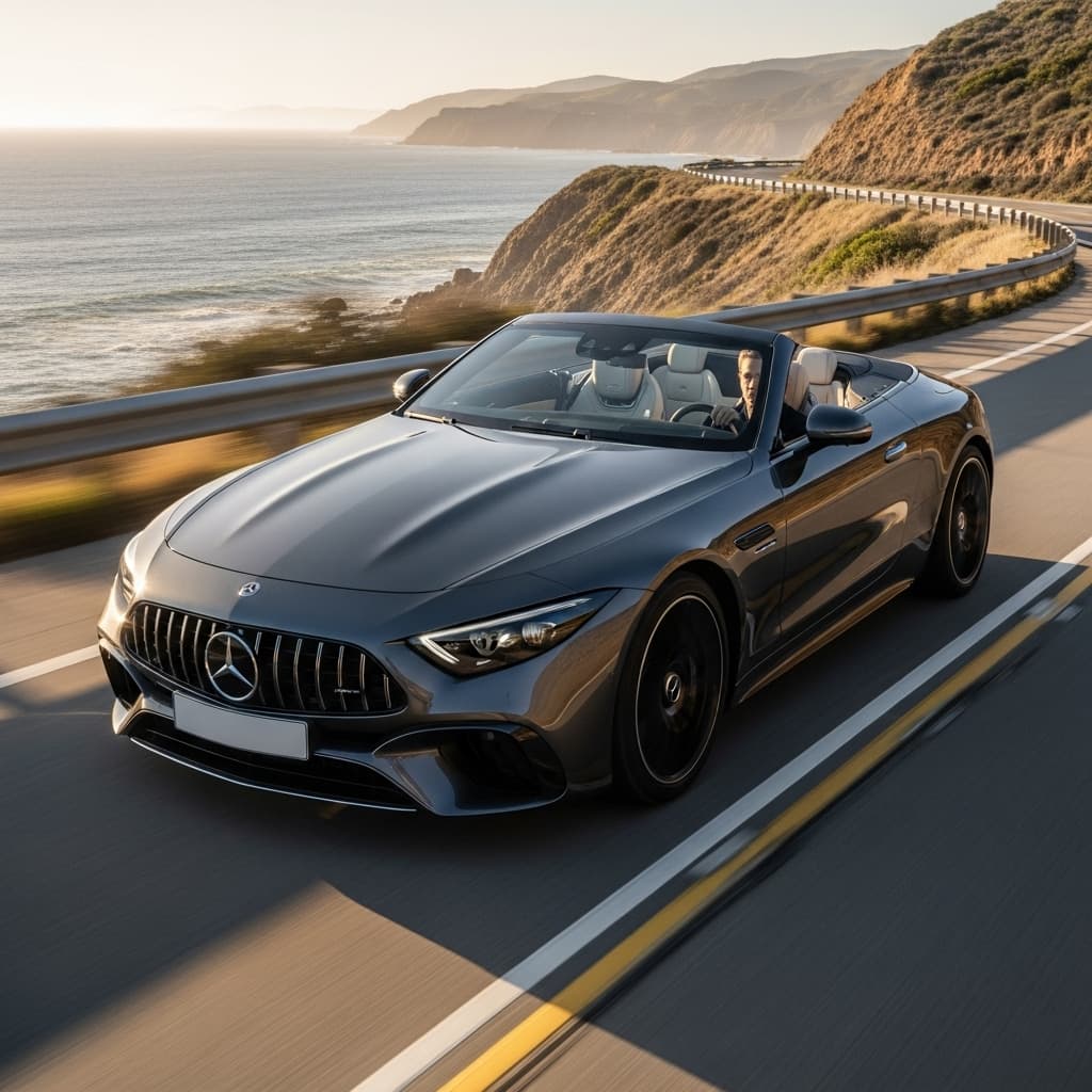 AI generated: je conduis une mercedes décapotable Professional photography, bokeh, natural lighting, canon lens, s...