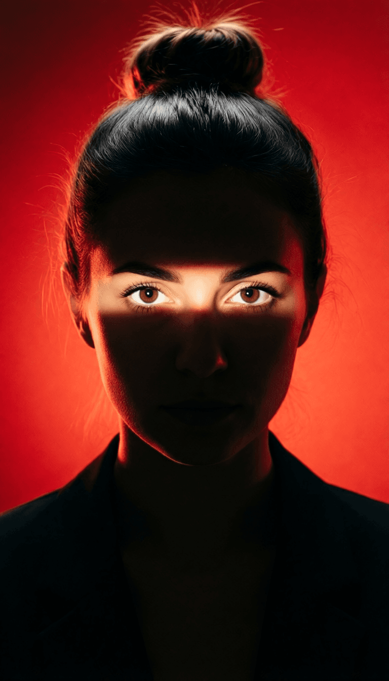 AI generated: Create an image of a woman, rendered in dramatic chiaroscuro against a vibrant red backdrop. The wom...