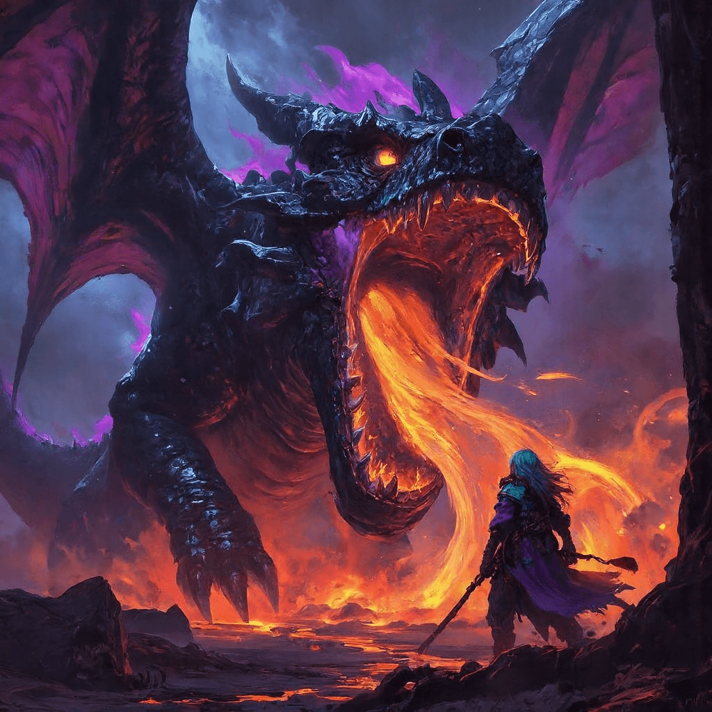 AI generated: A colossal battle-hardened dragon, its shiny black scales glowing faintly with pulses of purple, fie...