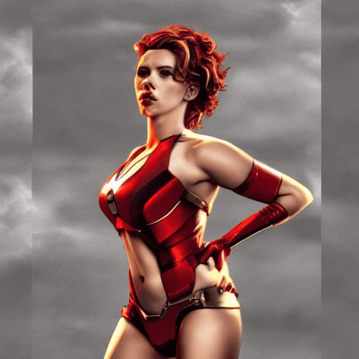 AI generated: scarlett johansson, ((wearing an iron man bikini)), metallic red and gold, (((in a sexy pose))), set...