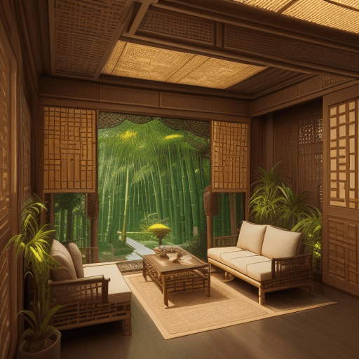 AI generated: futuristic bamboo kingdom. High resolution photography,  small windows opening onto the garden, bamb...
