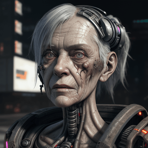 AI generated: A beautiful cyborg old 
lady with dirty and damaged synthetic skin, rusty metal arms, cyberpunk, mat...