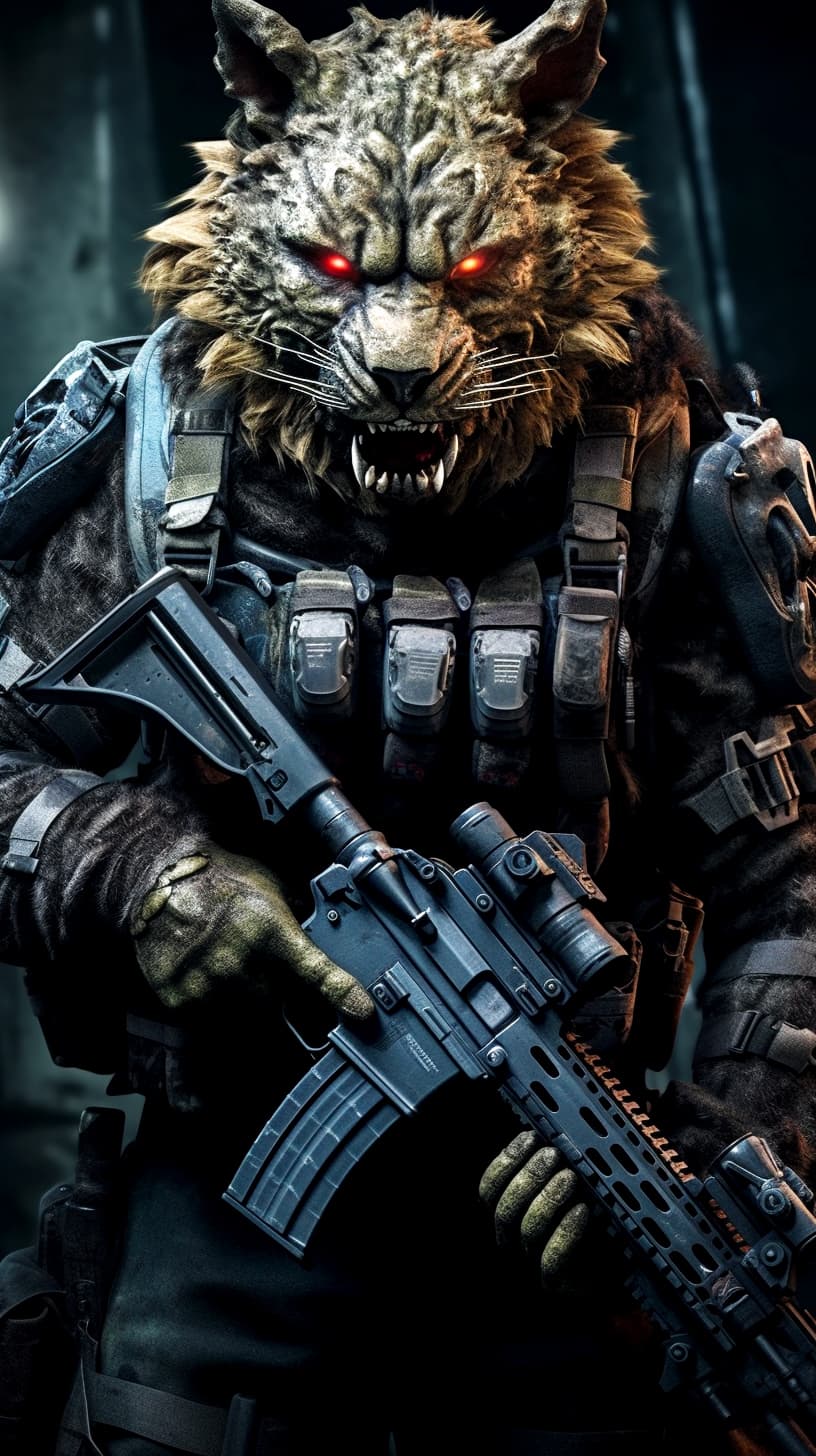 AI generated: Battle-scarred angry lion army wearing black ops uniform, holding carbine rifle, anthropomorphic, su...