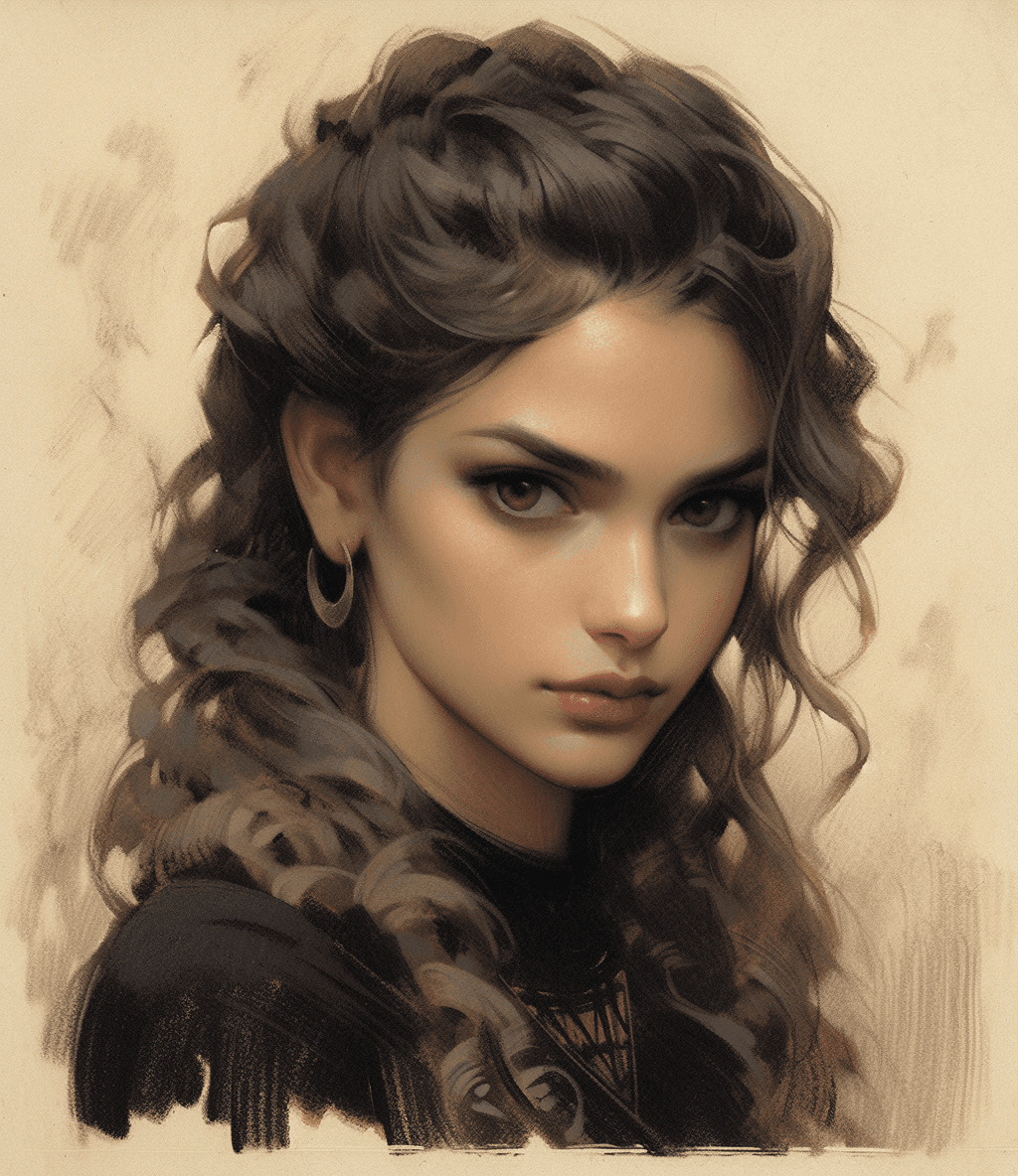 AI generated: a woman's face in a pencil drawing with two pencils, in the style of tom bagshaw, celebrity portrait...