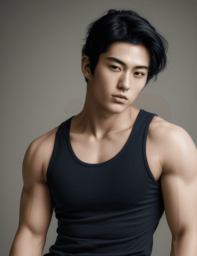 AI generated: A photorealistic portrait of a beautiful 24-year-old Japanese male model, very short dark blue hair,...