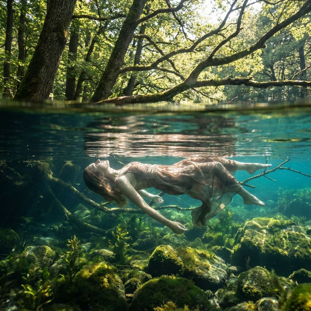 AI generated: Ze ligt op haar rug net onder de oppevlakte van een water in het bos