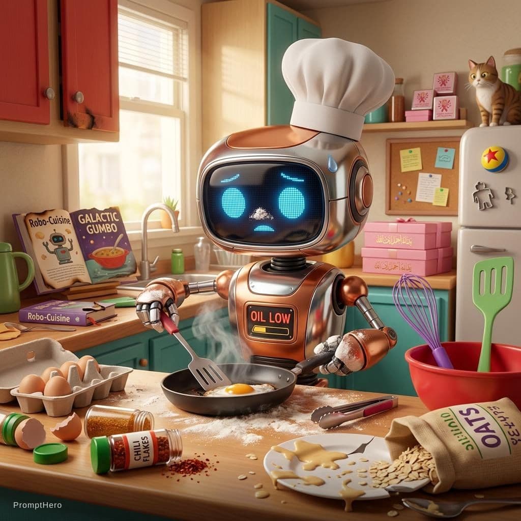 AI generated: A cute 3D animated robot trying to cook in a messy kitchen. Pixar style, expressive eyes, vibrant co...