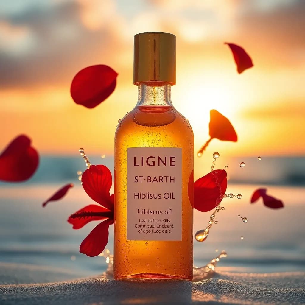 AI generated: A hyper-realistic close-up of a golden glass bottle of Ligne St Barth
Hibiscus Oil standing on a su...