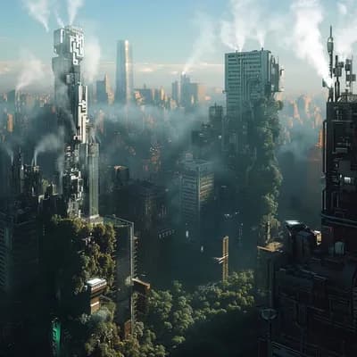 AI generated video: a view of a post apocalyptic city, smoke rises from the streets, clouds move across the sky