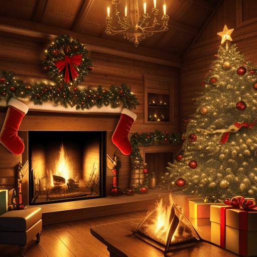 AI generated: fancy christmas background inside of a wooden house, with a fireplace and lights