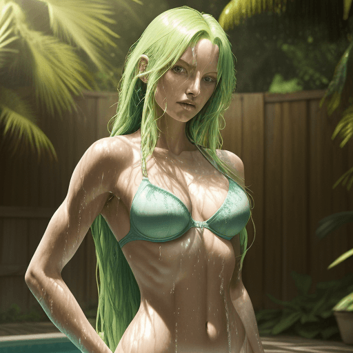AI generated: HDR photo of beautiful fair skin woman with long  green hair, fit body, removing her bra, taking off...