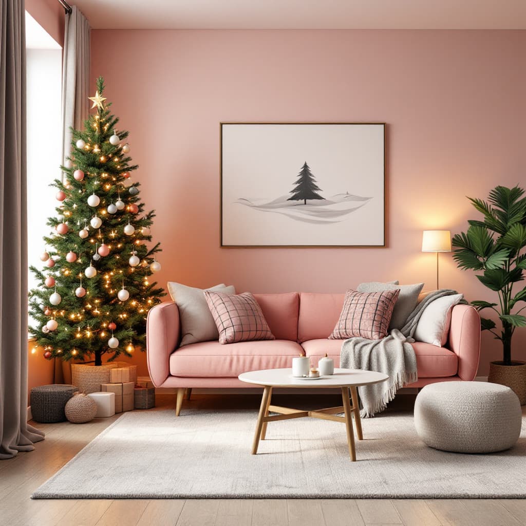 AI generated: light pink Modern Mid Century Living Room With Christmas Tree And Decorations 