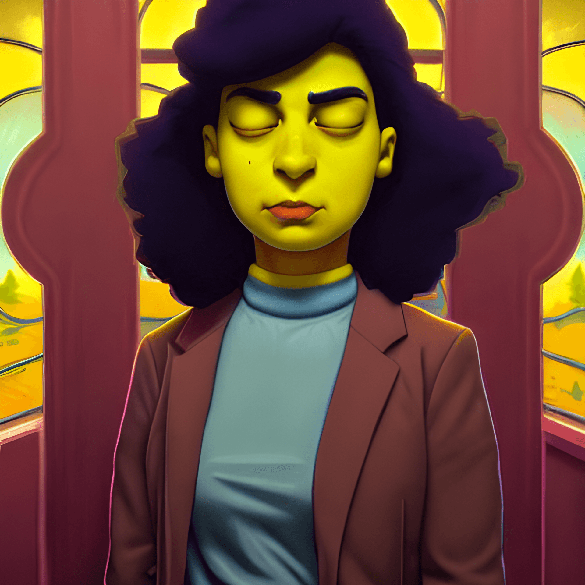 AI generated: digital painting featuring a female simpson standing in front of a decorative background. she is wea...