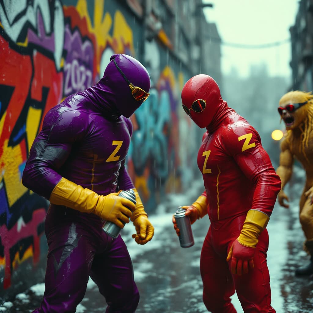 AI generated: Hyper realistic A BLACKMAN IN A RED SPANDEX SUIT with a zoz logo on his chest , WITH YELLOW GLOVES A...