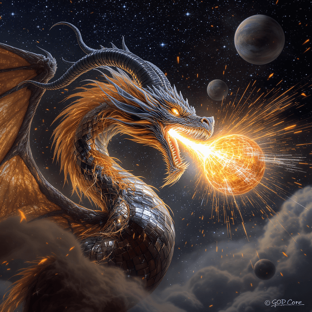 AI generated: In a realistic form, a fire and water dragon mixed with goat horns, wearing vibranium dragon scaled ...
