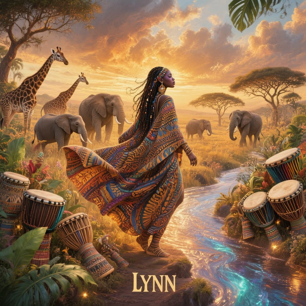 AI generated: Fantasy illustration inspired by “Africa”, majestic African savanna at golden sunset, mystical triba...